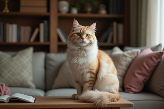 Chat maine coon élégant assis sur une table en bois