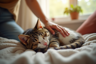 Chat malade allongé sur une couverture dans un salon ensoleille