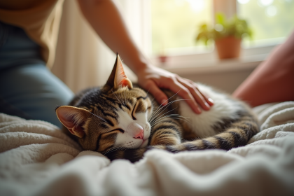 Chat malade allongé sur une couverture dans un salon ensoleille