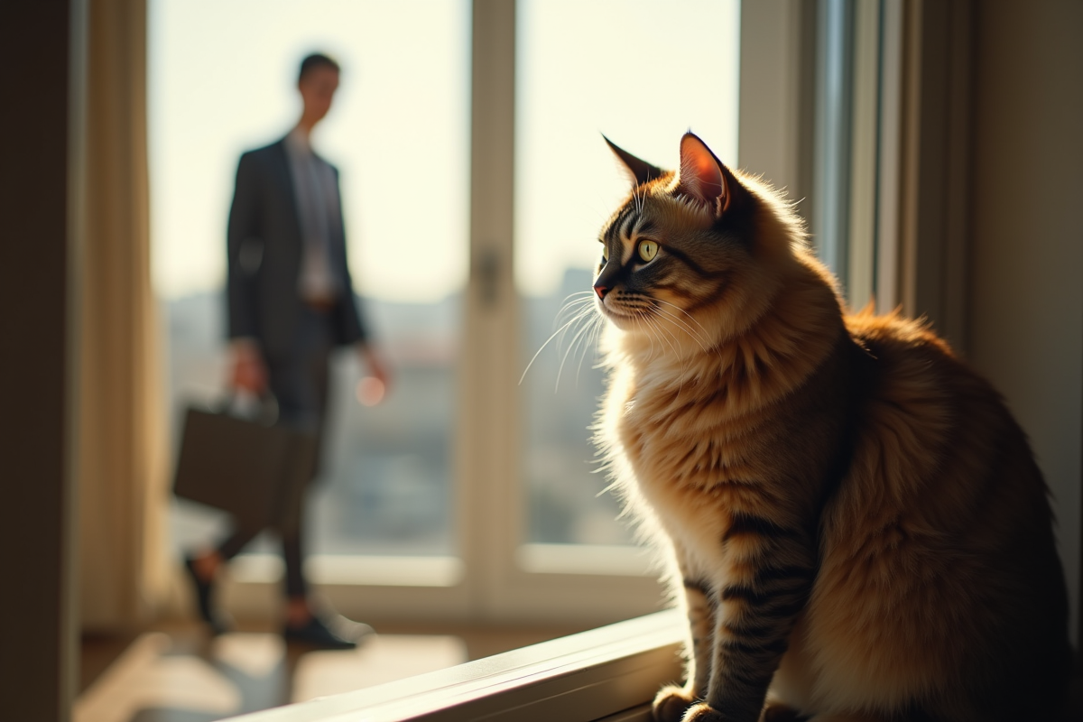 Chat regardant par la fenêtre avec un homme qui part