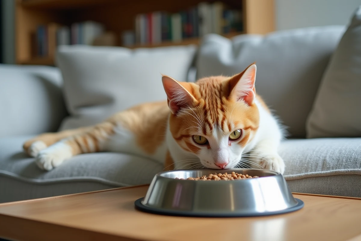 Chat roux d'un an mangeant des croquettes dans un salon confortable pour une bonne digestion