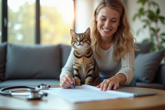 Chat tigré assis sur un canapé moderne avec une femme examinant un document d'assurance santé