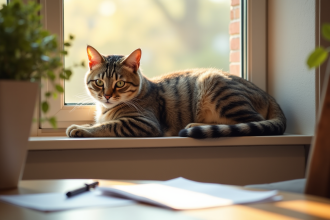 Chat senior relaxant sur une fenêtre ensoleillée avec documents d'assurance