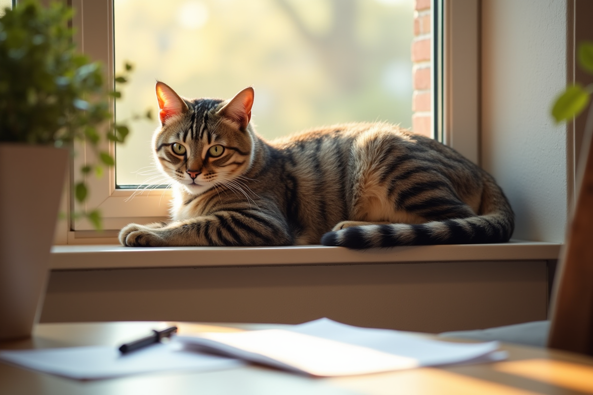 Chat senior relaxant sur une fenêtre ensoleillée avec documents d'assurance