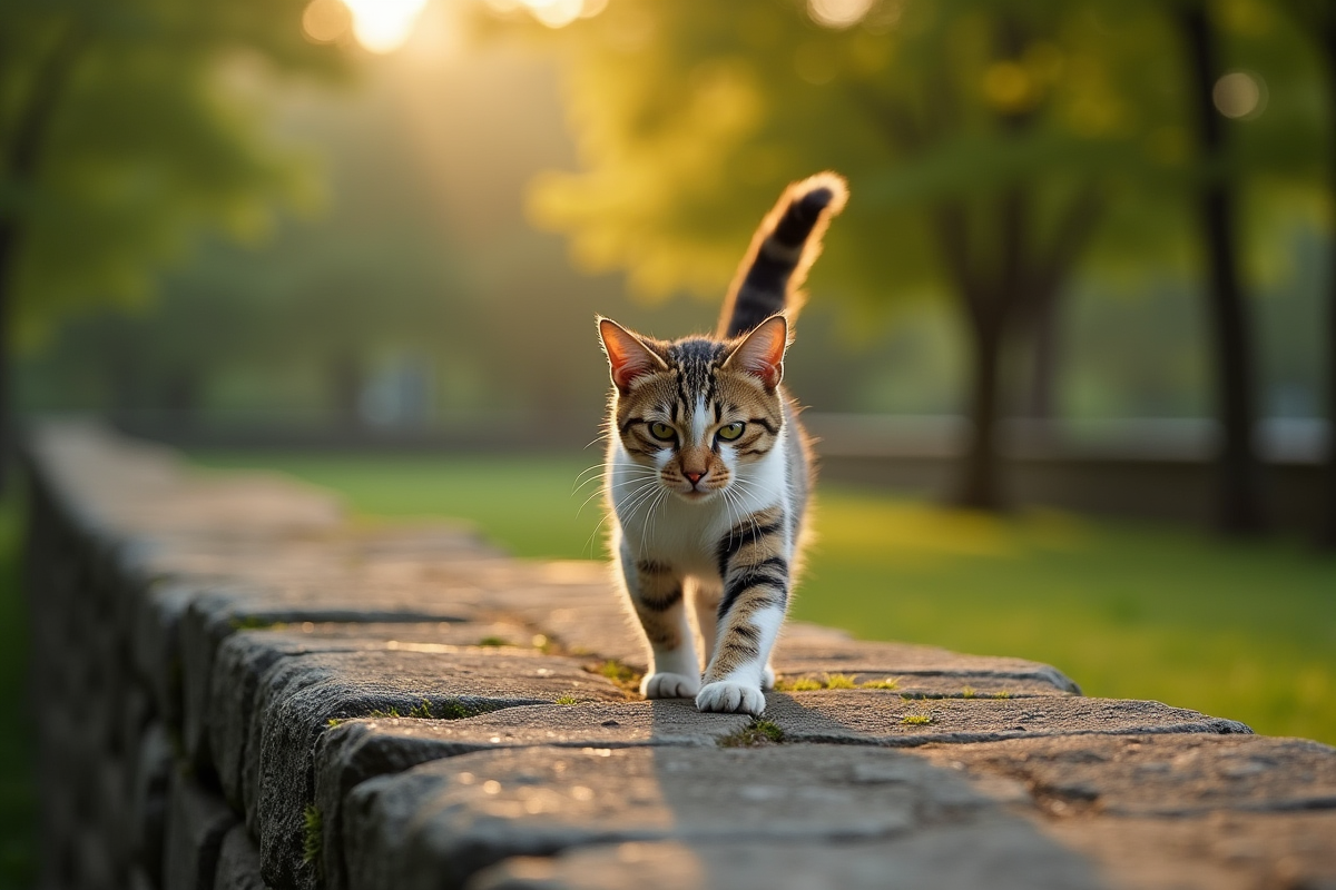 Chat marchant seul le long d’un vieux mur en parc vert