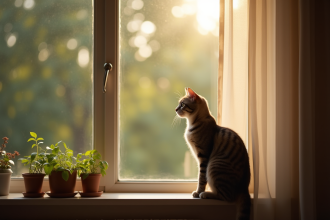 Chat seul sur une fenetre ensoleillee regardant dehors