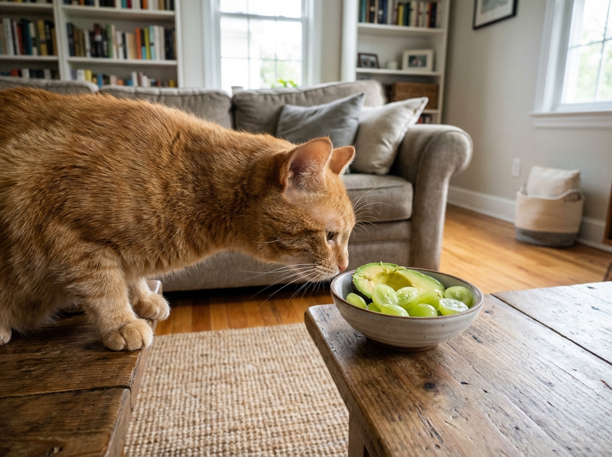 Chat orange reniflant un bol de raisins et avocats dans le salon