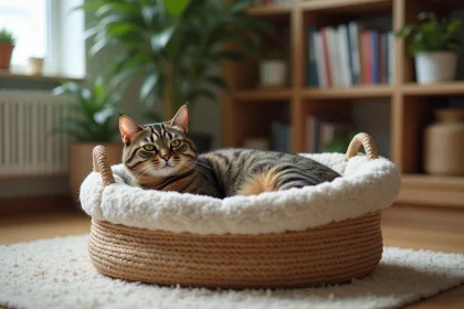 Chat tabby relaxant dans un panier en osier confortable