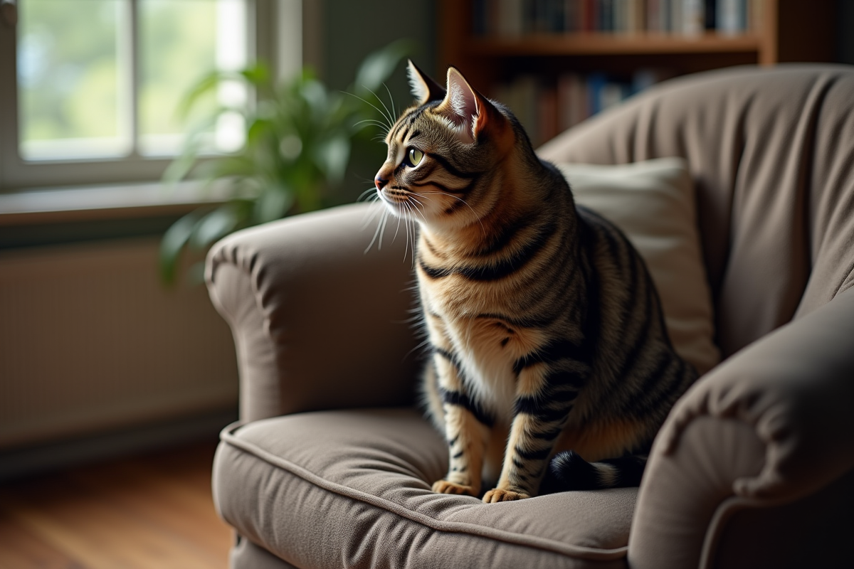 Chat domestique tabby assis sur un fauteuil confortable