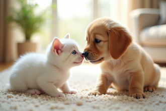 Chaton blanc aux yeux bleus touchant un chiot golden retriever