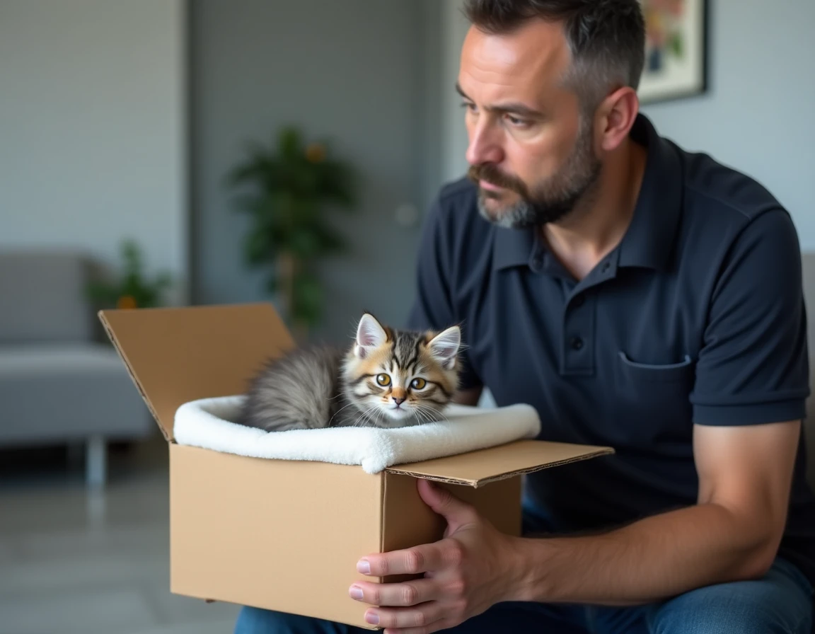 Homme tenant un chaton British Shorthair dans une boîte de transport chez le vétérinaire pour un bilan de santé post-adoption