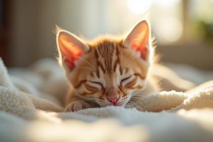 Chaton endormi paisiblement sur une couverture en lumière naturelle