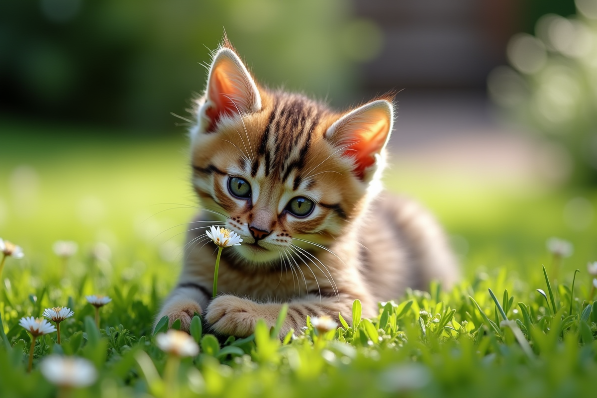 Chaton tigré jouant dans un jardin verdoyant