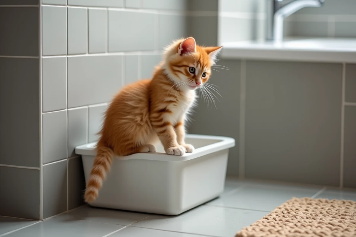 Chaton roux à poils longs hésitant devant une litière mal adaptée dans une salle de bain
