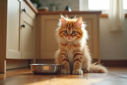 Chaton roux à poils longs assis près d'une gamelle trop remplie dans une cuisine domestique réaliste