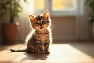 Chaton assis sur le sol en bois en pleine lumière naturelle