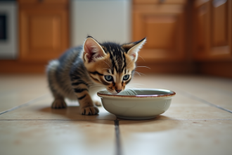Chaton tabby buvant dans un bol en céramique dans la cuisine