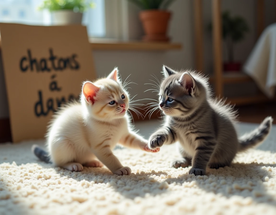 Deux chatons British Shorthair à donner jouant sur un tapis avec une pancarte d'annonce de don de chatons en arrière-plan