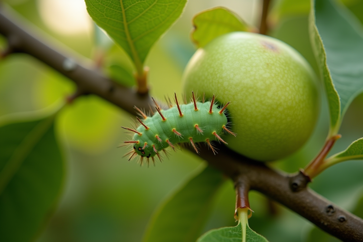 Chenilles vertes sur une branche de pommier avec un fruit sain