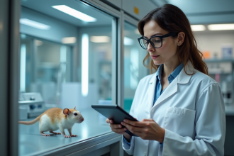 Chercheuse en laboratoire observant une souris dans une cage