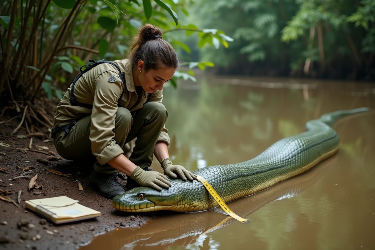 Chercheuse mesurant un anaconda vert géant sur la rive boueuse d'un fleuve amazonien lors d'une expédition scientifique de terrain
