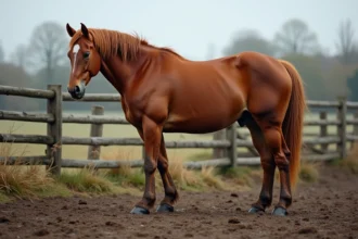 Cheval bai atteint d'engorgement aux membres dans un paddock boueux en automne, posture caractéristique avec membres gonflés visibles