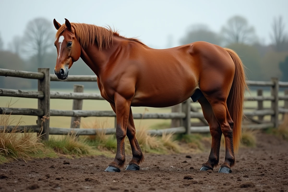 Cheval bai atteint d'engorgement aux membres dans un paddock boueux en automne, posture caractéristique avec membres gonflés visibles