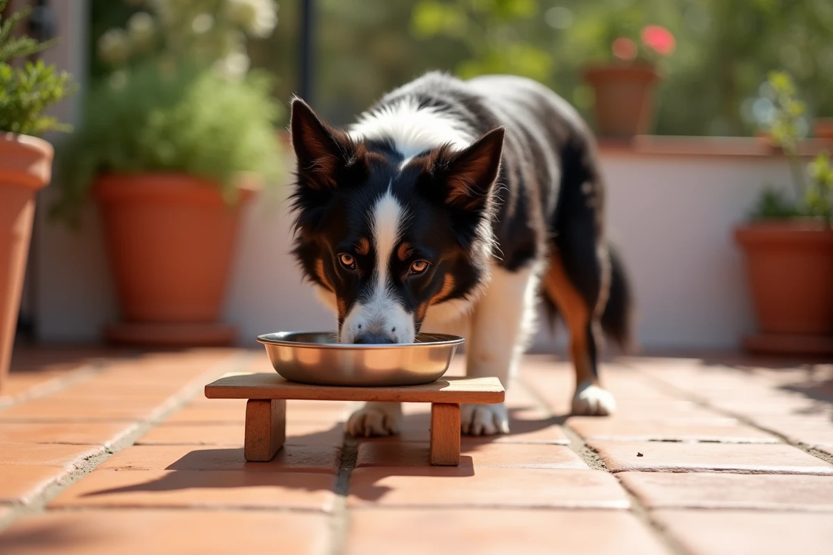 Chien border collie mangeant dans une gamelle surélevée en acier inoxydable sur une terrasse extérieure