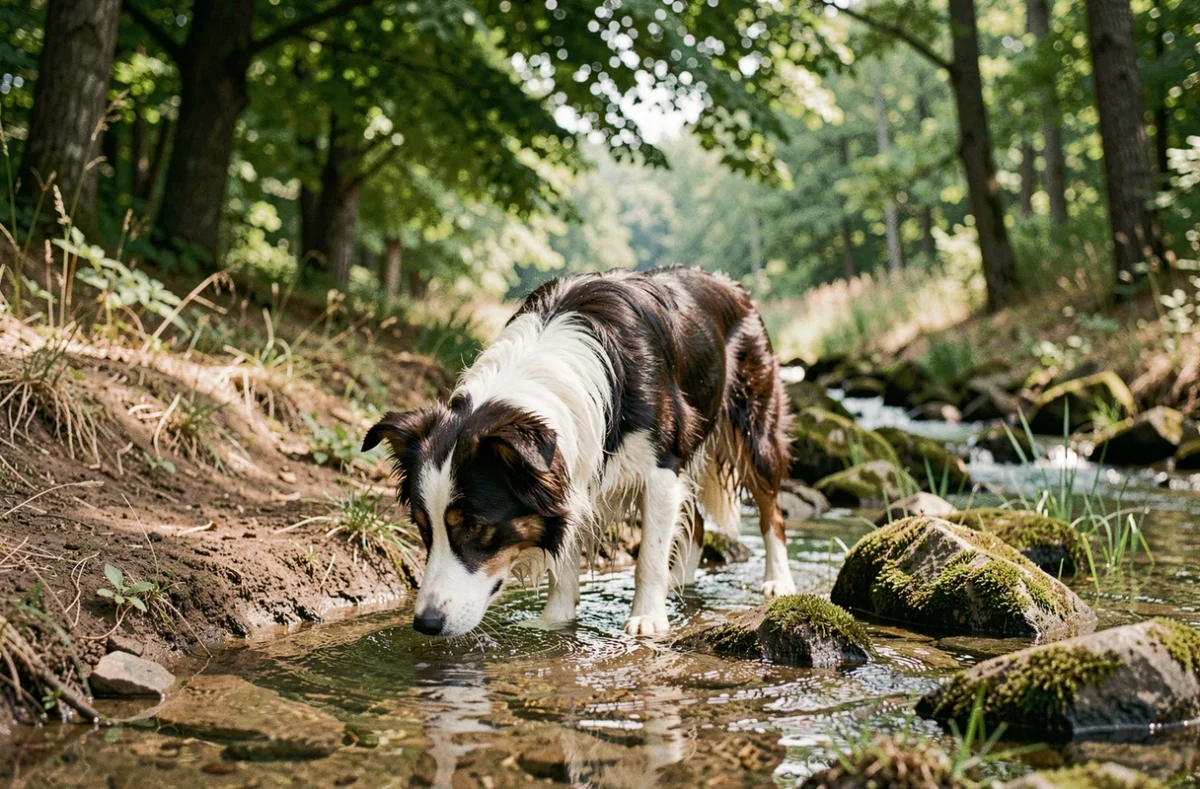 Chien border collie poilu se rafraîchissant dans un ruisseau en pleine nature lors d'une journée estivale