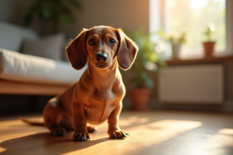 Chien dachshund assis attentivement dans un salon lumineux