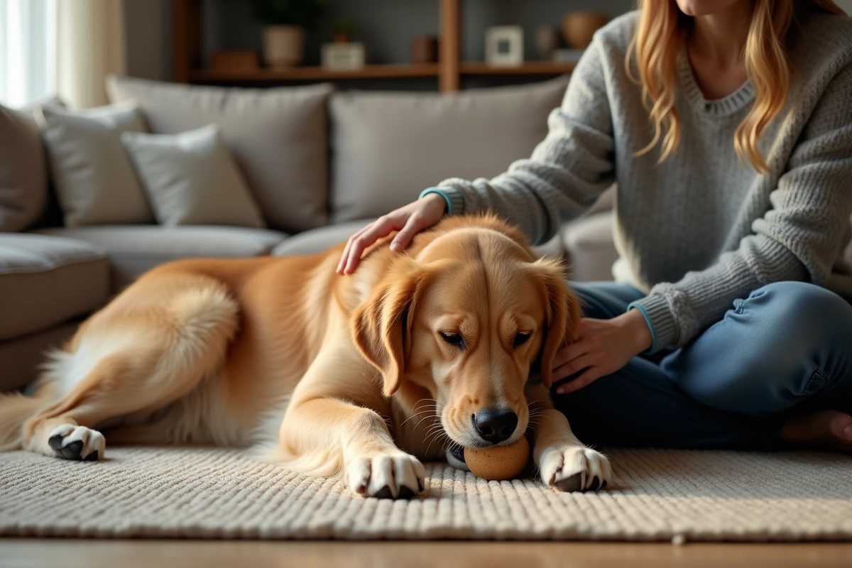 Golden Retriever détendu mâchant un jouet en caoutchouc avec une mâchoire relâchée dans un salon familial calme