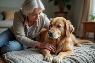 Chien golden retriever et femme âgée dans un salon chaleureux