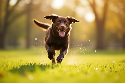 Labrador chocolat courant dans un parc ensoleille