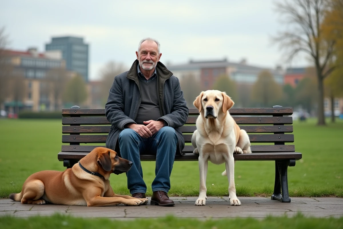 Homme avec chien de grande taille dans un parc urbain