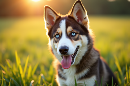 Chien berger husky mixte yeux bleus et marron en plein soleil