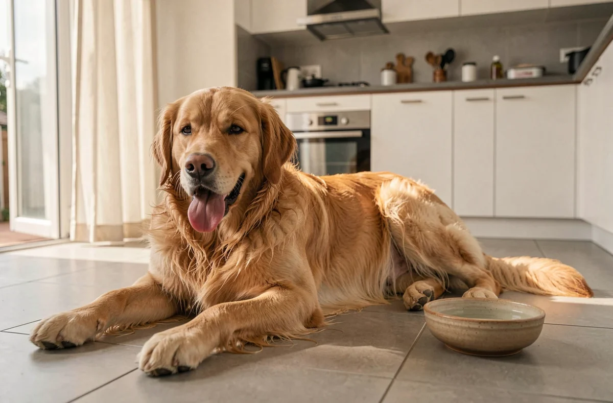 Chien poilu golden retriever allongé sur le carrelage frais en été pour se protéger de la chaleur