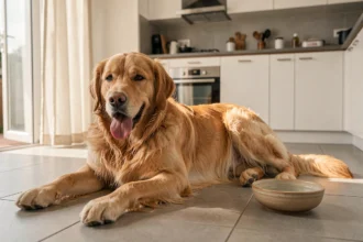 Chien poilu golden retriever allongé sur le carrelage frais en été pour se protéger de la chaleur
