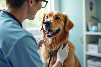 Chien golden retriever examiné par un vétérinaire souriant