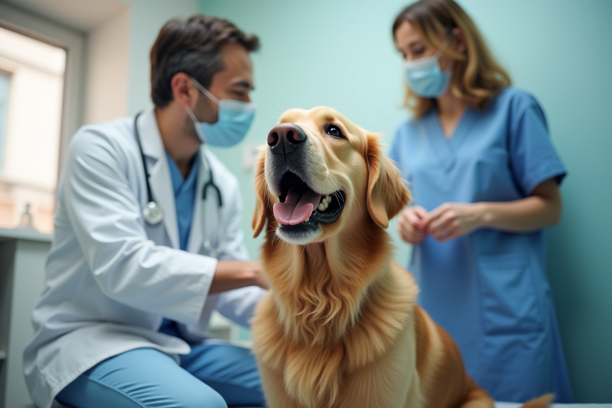 Chien retriever examiné par vétérinaire dans une clinique moderne