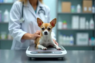 Chihuahua adulte pesé sur une balance vétérinaire lors d'un contrôle de poids en clinique