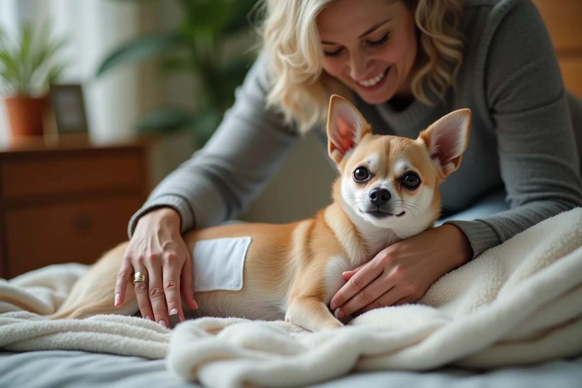 Chihuahua en convalescence après stérilisation soigné par sa propriétaire à domicile