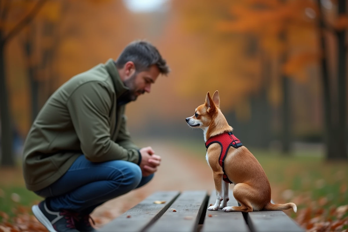 Propriétaire et son chihuahua en promenade apaisante dans un parc en automne pour réduire le stress