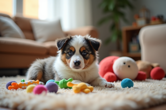 Chiot Australian Shepherd sur un tapis lumineux