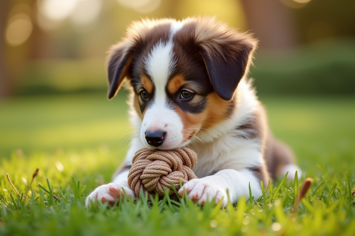 Chiot Australian Shepherd jouant avec un jouet en corde