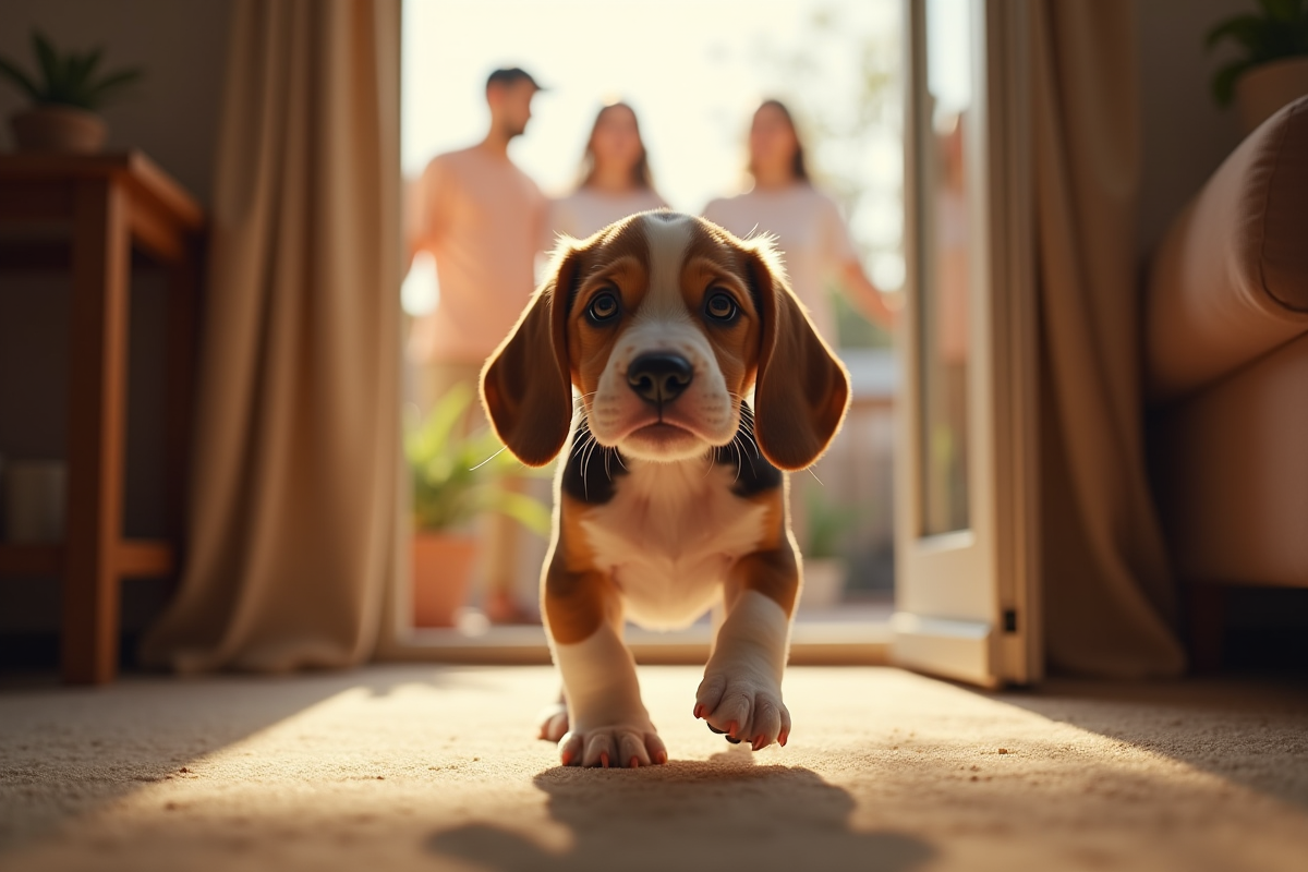 Chiot beagle entrant dans une maison chaleureuse