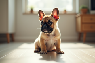 Chiot bulldog français pelucheux dans une pièce lumineuse
