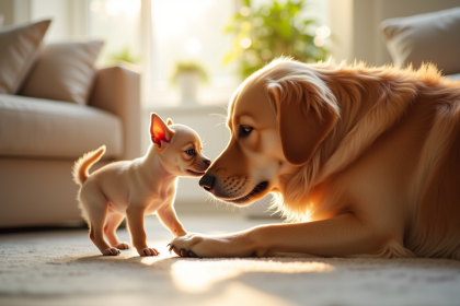 Chiot chihuahua joue avec un retriever dans un salon lumineux