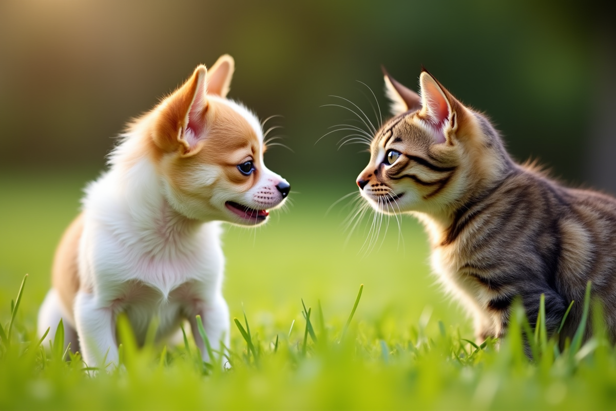 Chiot chihuahua rencontre un chat tigré dans l