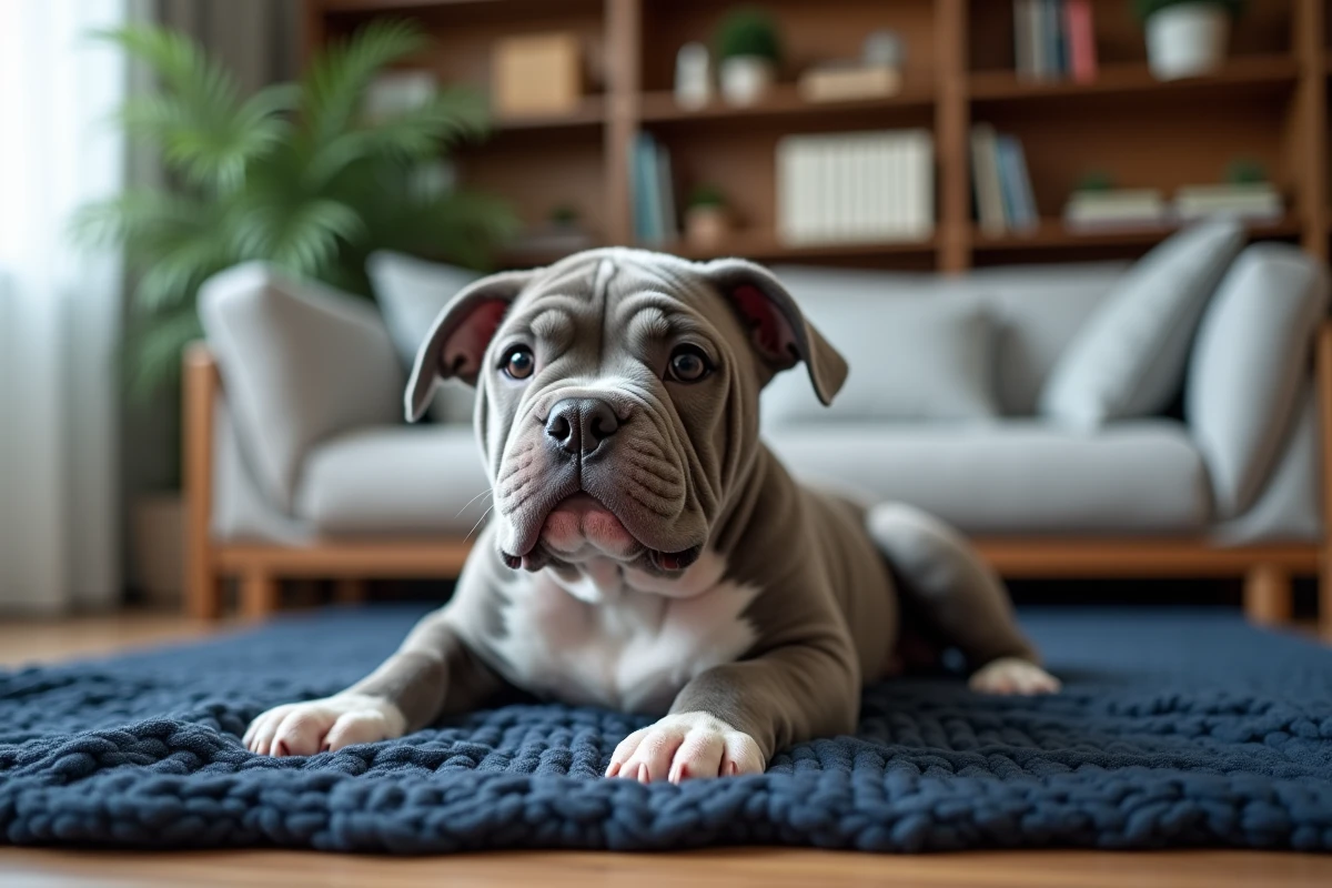 Chiot Exotic Bully couché sur une couverture bleue dans un appartement moderne, gros plan sur ses traits caractéristiques