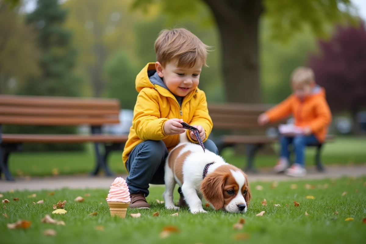 Chiot King Charles Spaniel avec un enfant dans un parc